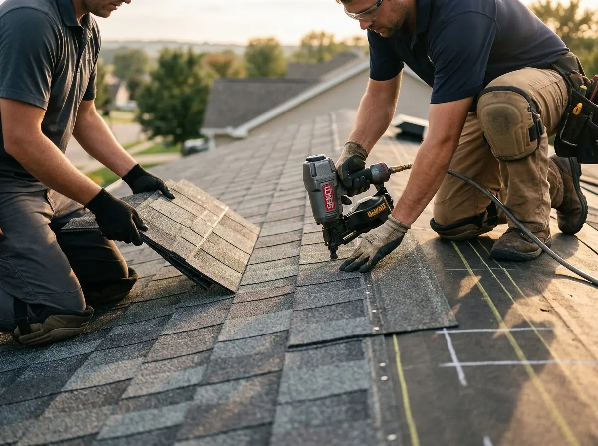 Professional roofer working on a residential roof in Rocky River